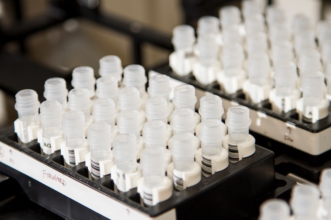 Pharmaceutical drug sample vials in clinical research laboratory